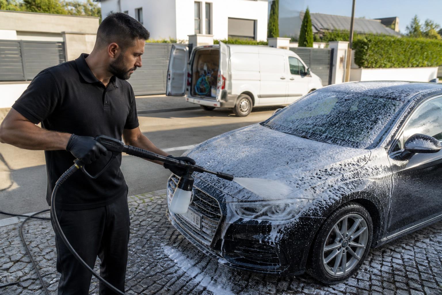 Mobile detailer a tratar um carro na moradia do cliente